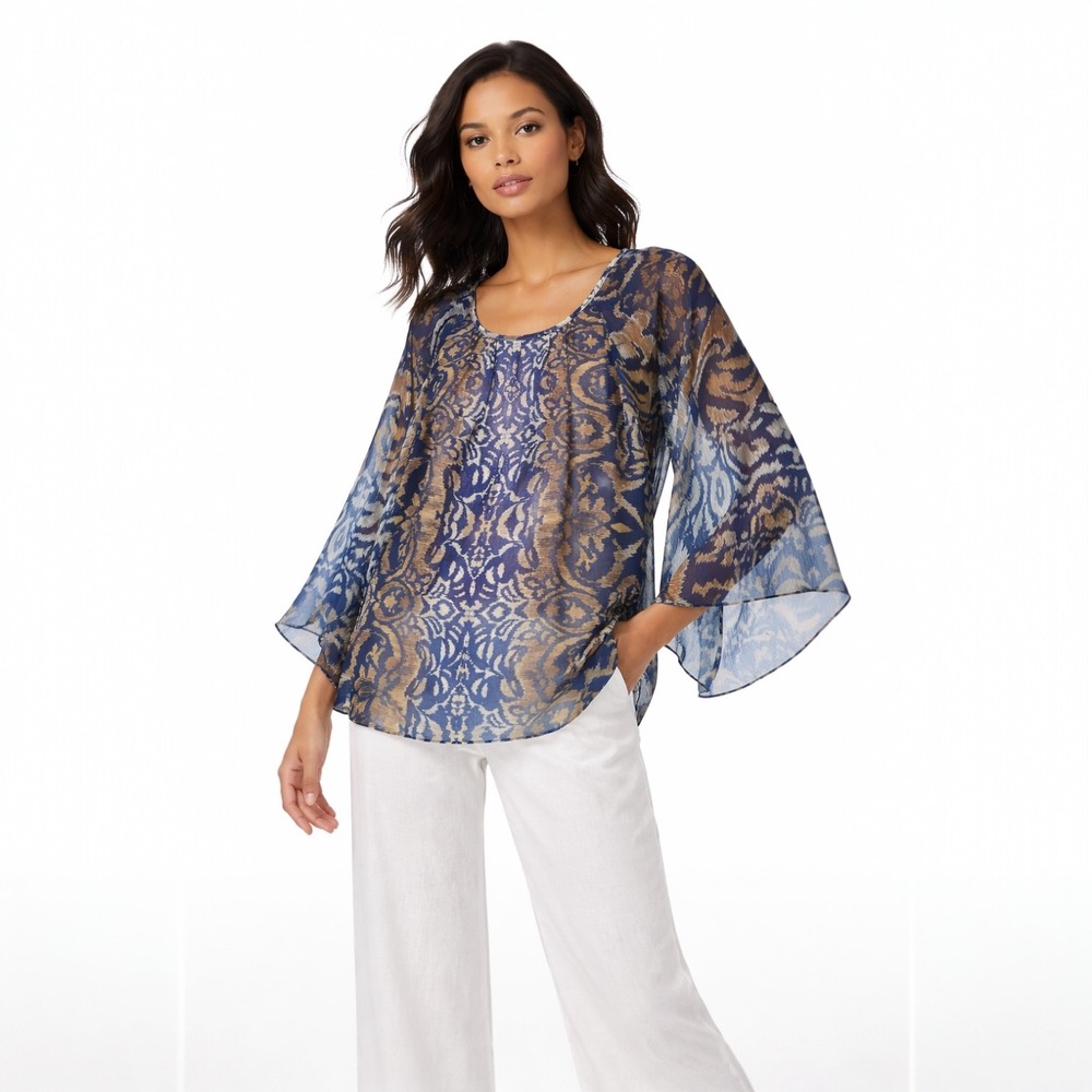 Chicos Women Sheer Blouse Blue Gold Ikat Boho Flowy Top Sz 2 US L Resort Coastal